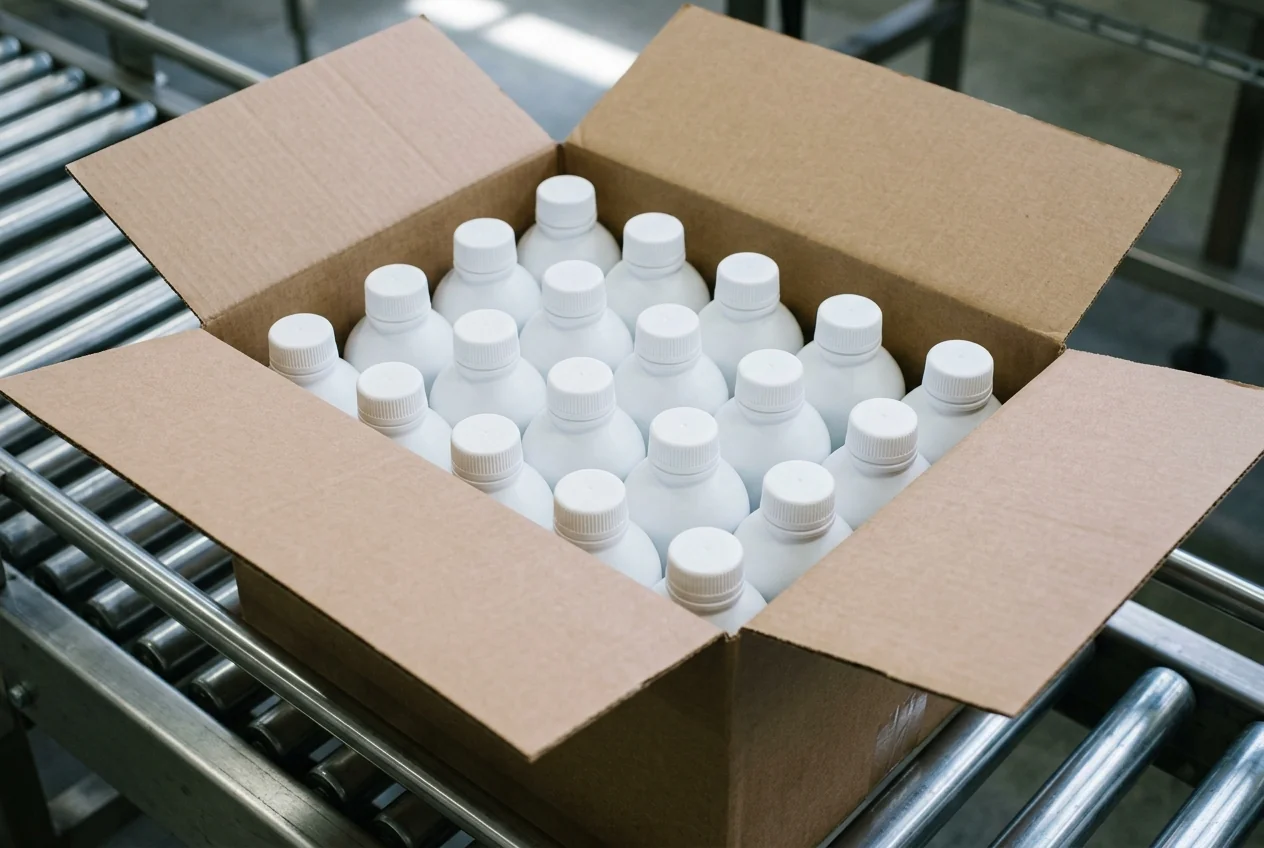 Bottles inside an open shipping case